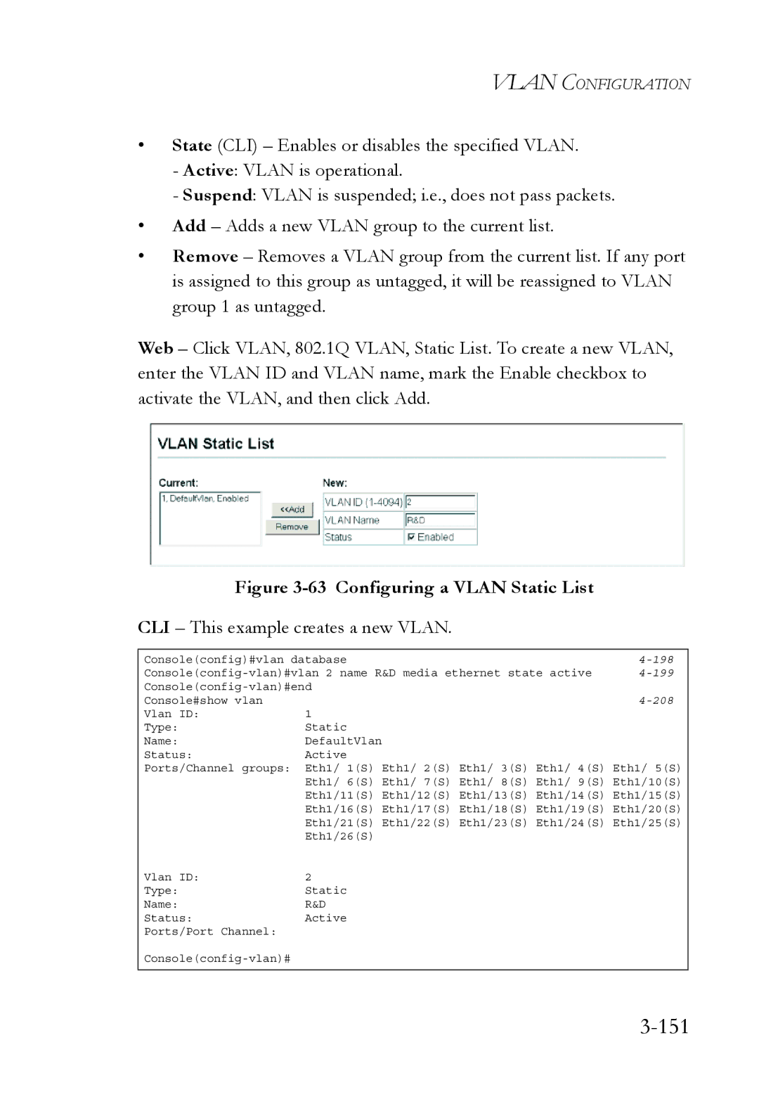 SMC Networks TigerSwitch manual 151, CLI This example creates a new Vlan 