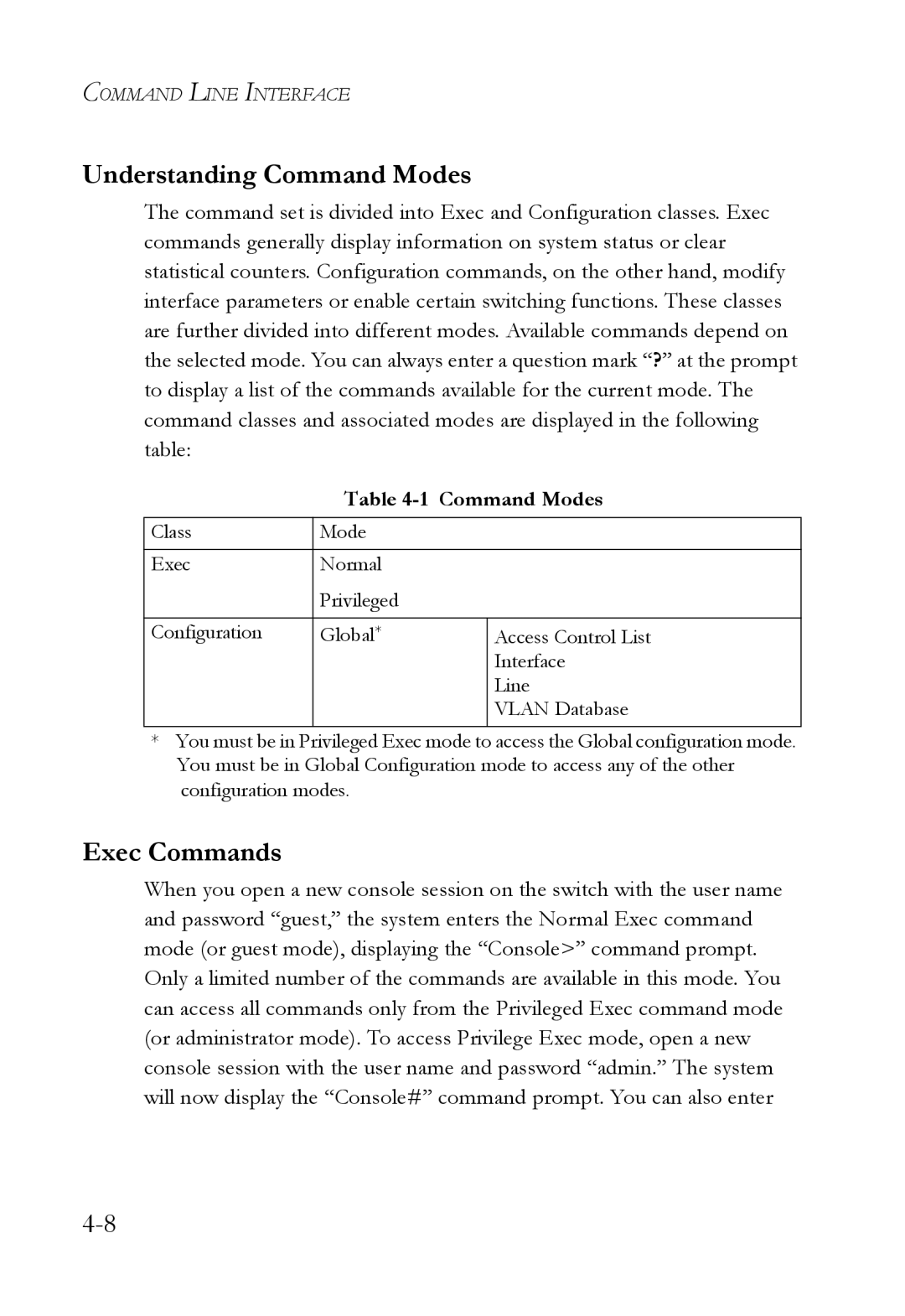 SMC Networks TigerSwitch manual Understanding Command Modes, Exec Commands 