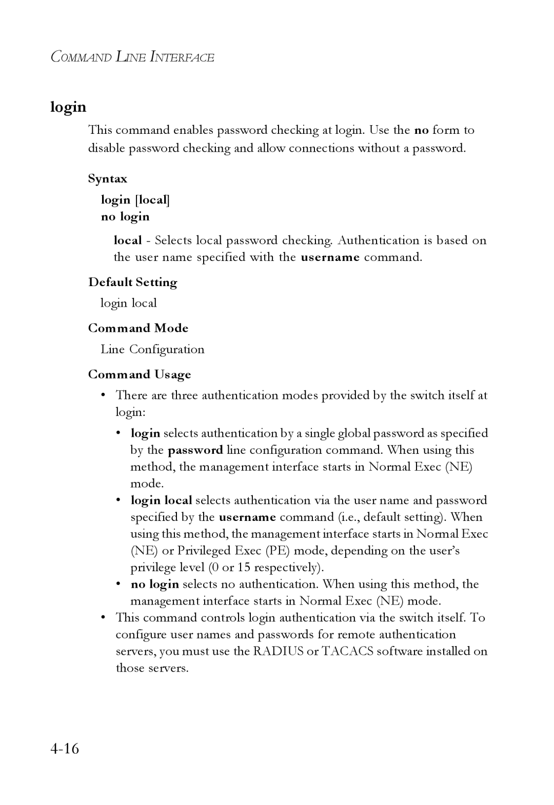 SMC Networks TigerSwitch manual Syntax Login local no login, Line Configuration 