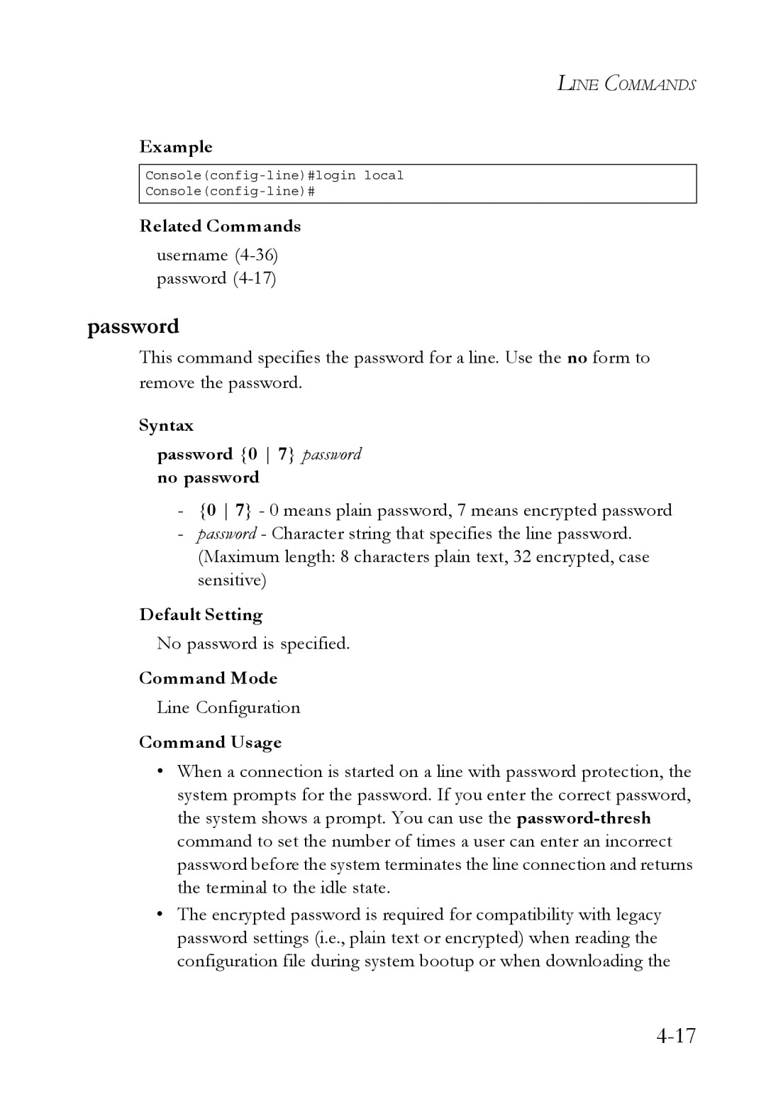 SMC Networks TigerSwitch Username 4-36 password, Syntax Password 0 7 password no password, No password is specified 