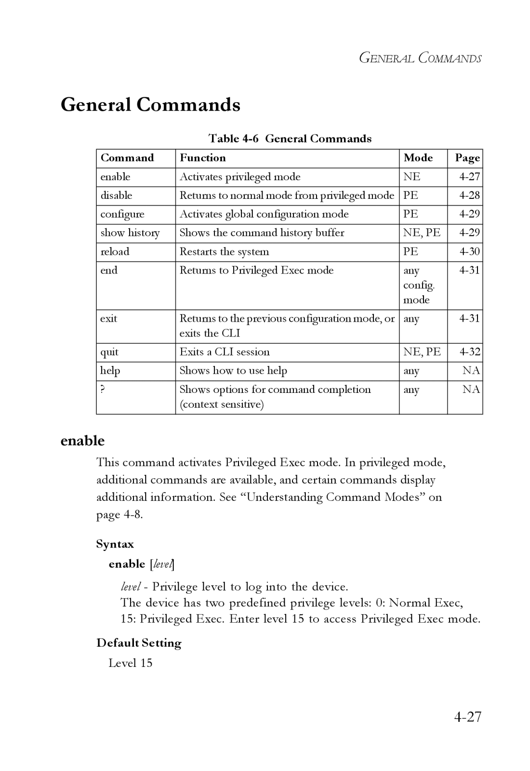 SMC Networks TigerSwitch manual General Commands, Enable, Syntax enable level, Level 