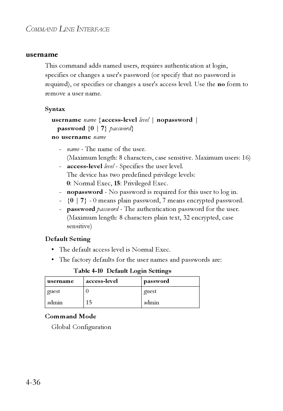 SMC Networks TigerSwitch manual Username, Default Login Settings 