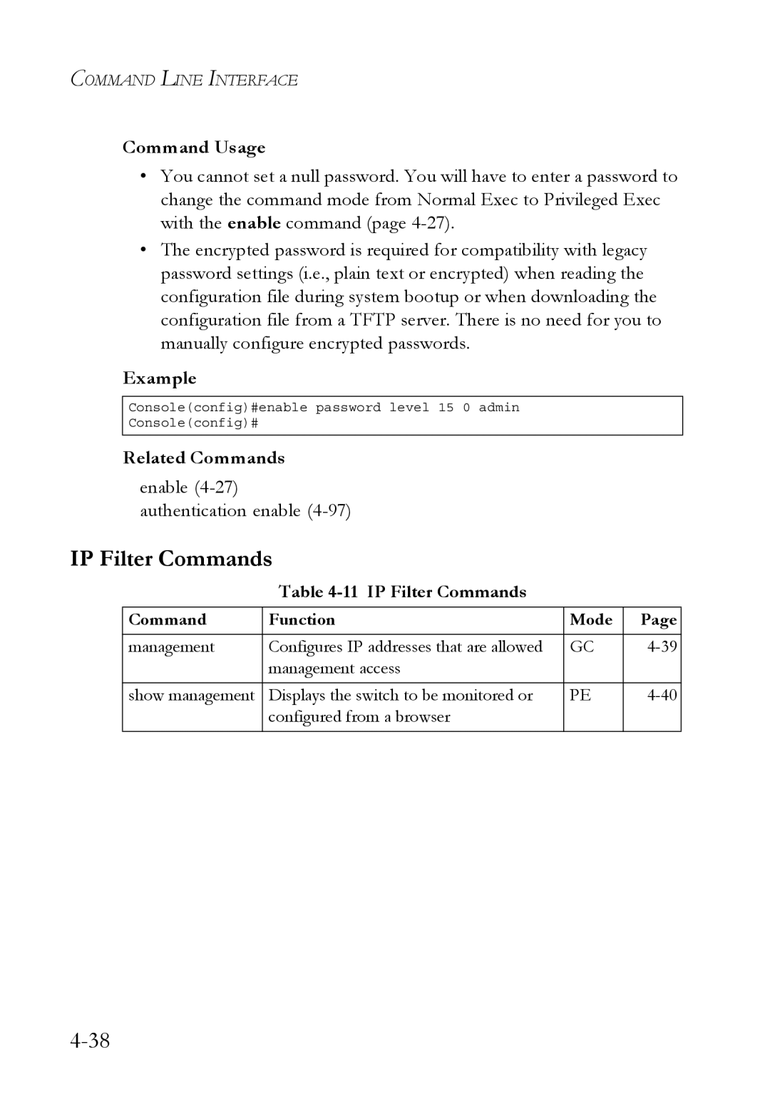 SMC Networks TigerSwitch manual IP Filter Commands, Enable 4-27 authentication enable 