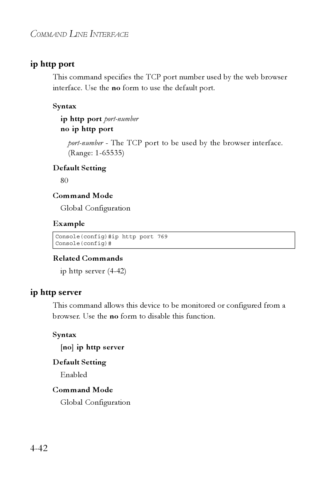 SMC Networks TigerSwitch Ip http server, Syntax Ip http port port-numberno ip http port, Default Setting Command Mode 