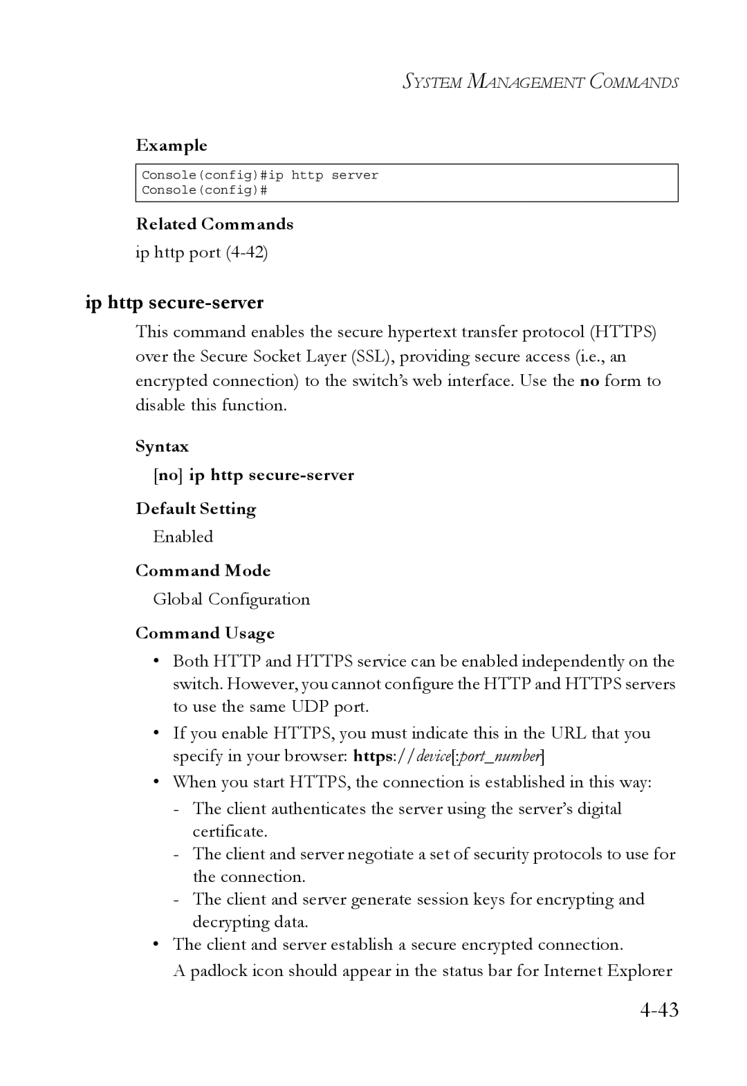 SMC Networks TigerSwitch manual Ip http secure-server, Ip http port, Syntax No ip http secure-server Default Setting 