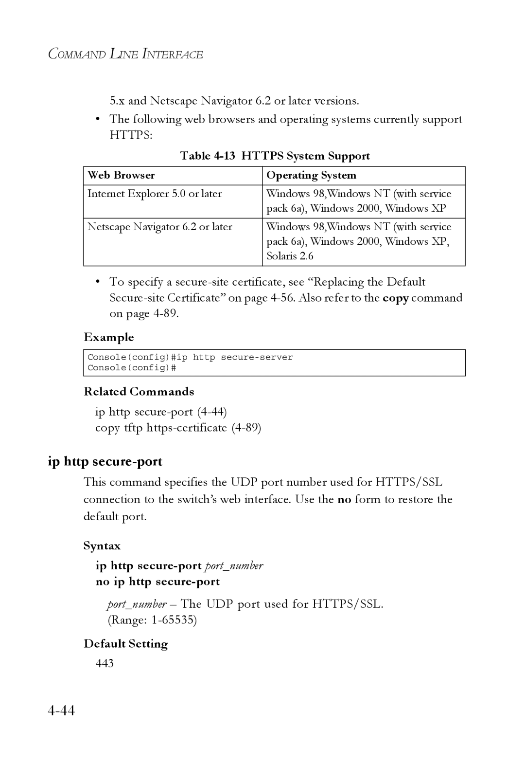 SMC Networks TigerSwitch manual Https System Support, Ip http secure-port4-44 Copy tftp https-certificate, 443 