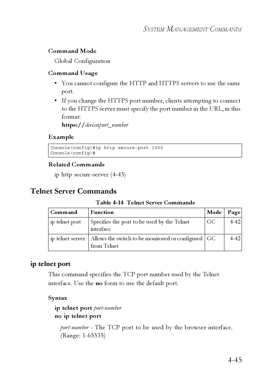 SMC Networks TigerSwitch manual Telnet Server Commands, Ip telnet port, Ip http secure-server4-43 