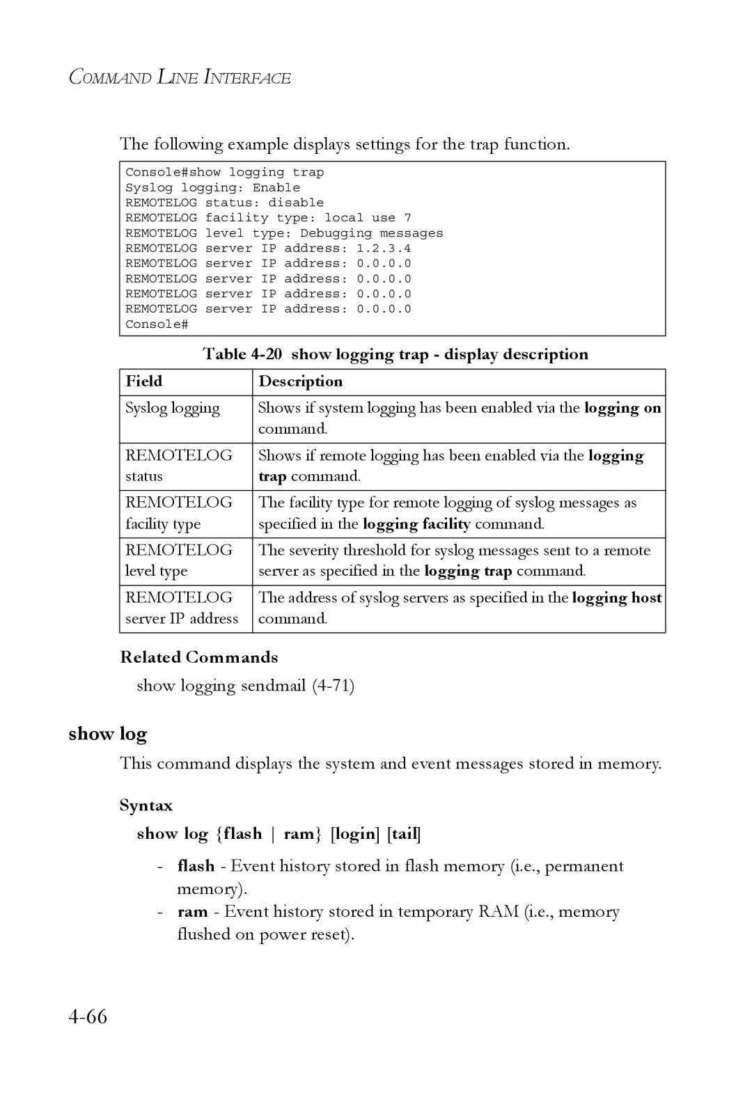 SMC Networks TigerSwitch manual Following example displays settings for the trap function, Show logging sendmail 