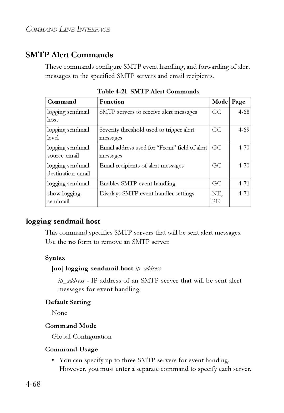 SMC Networks TigerSwitch manual Smtp Alert Commands, Logging sendmail host, Syntax No logging sendmail host ipaddress 