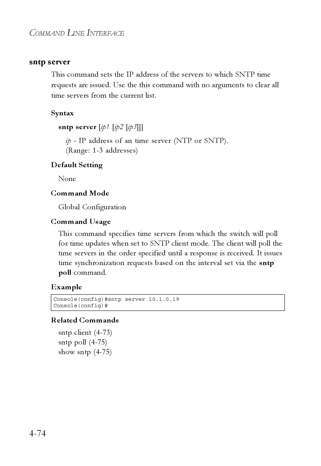 SMC Networks TigerSwitch manual Syntax Sntp server ip1 ip2 ip3, Sntp client 4-73 sntp poll 4-75 show sntp 