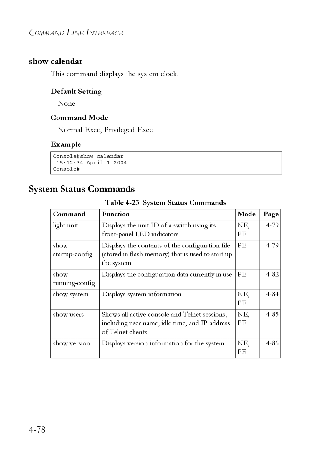 SMC Networks TigerSwitch manual System Status Commands, Show calendar, This command displays the system clock 