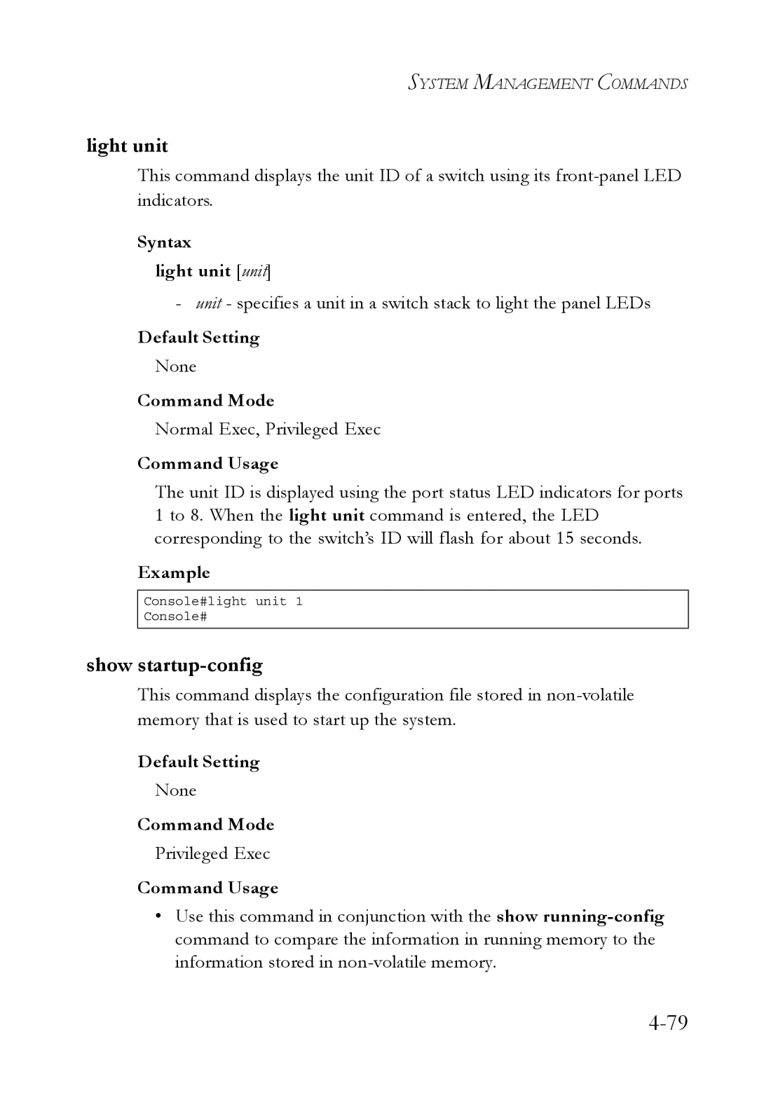 SMC Networks TigerSwitch manual Show startup-config, Syntax Light unit unit 