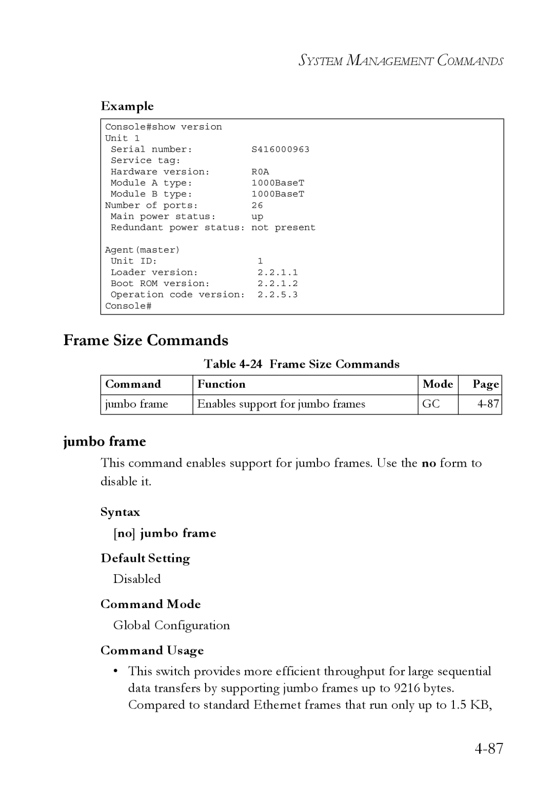 SMC Networks TigerSwitch manual Frame Size Commands, Jumbo frame, Syntax No jumbo frame Default Setting 