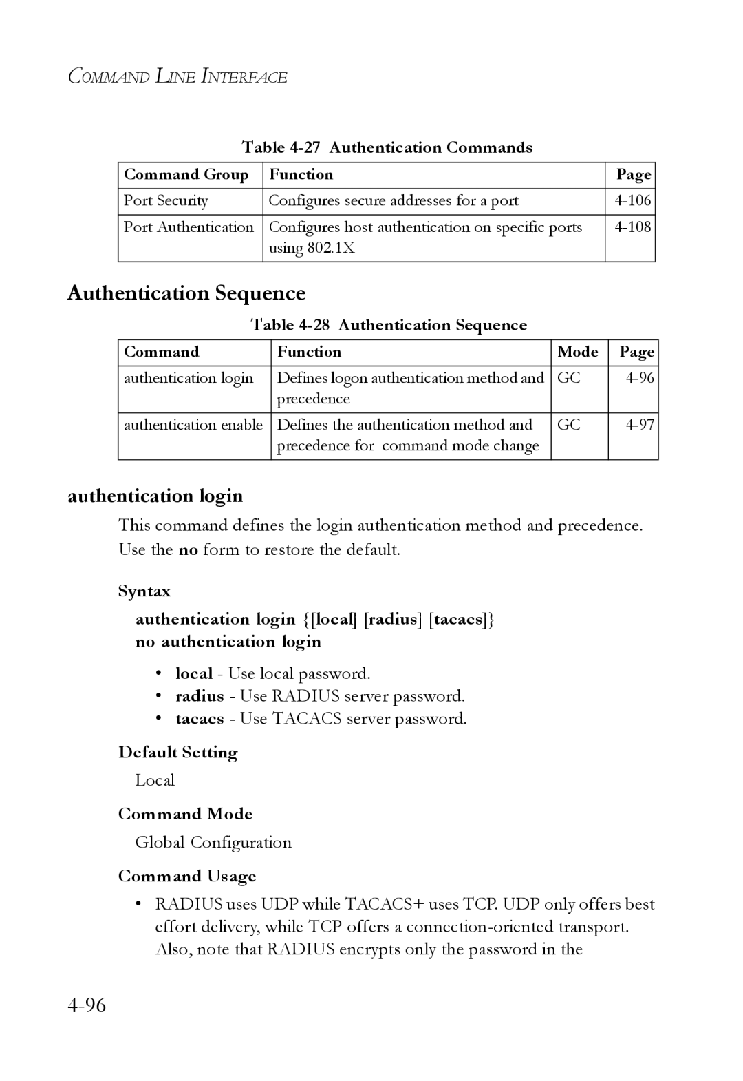 SMC Networks TigerSwitch manual Authentication Sequence, Authentication login, Local 