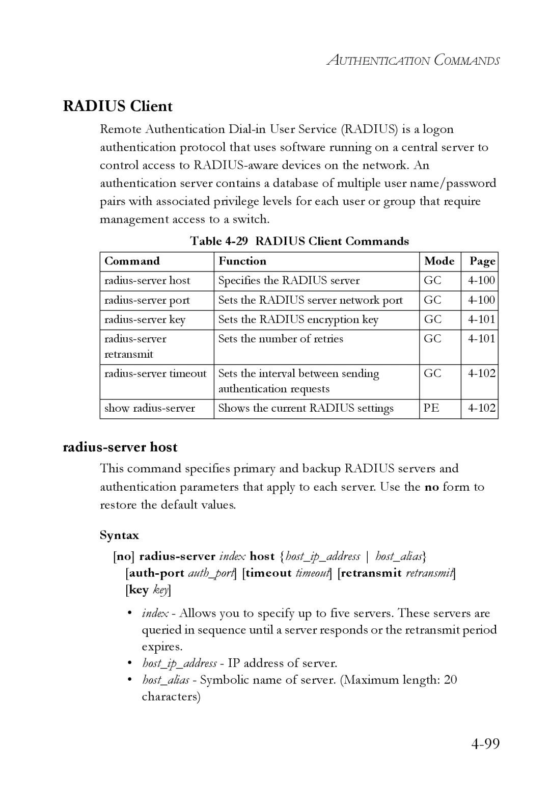 SMC Networks TigerSwitch manual Radius-server host, Radius Client Commands 