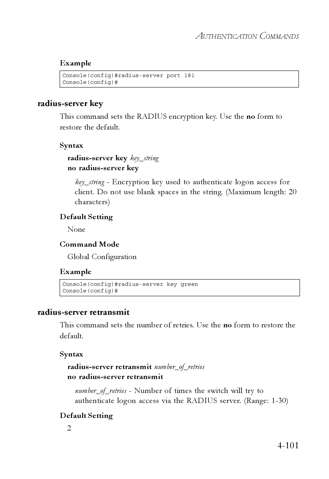 SMC Networks TigerSwitch manual Radius-server key, Radius-server retransmit 