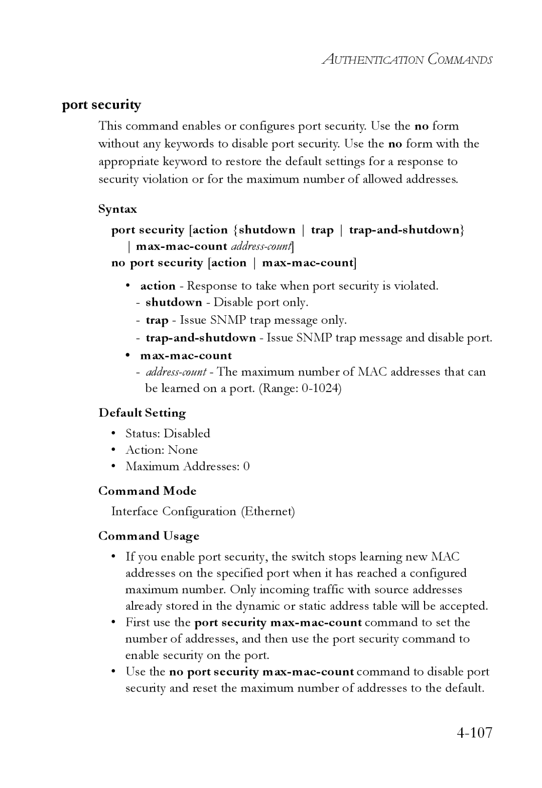 SMC Networks TigerSwitch manual Port security, Max-mac-count, Status Disabled Action None Maximum Addresses 