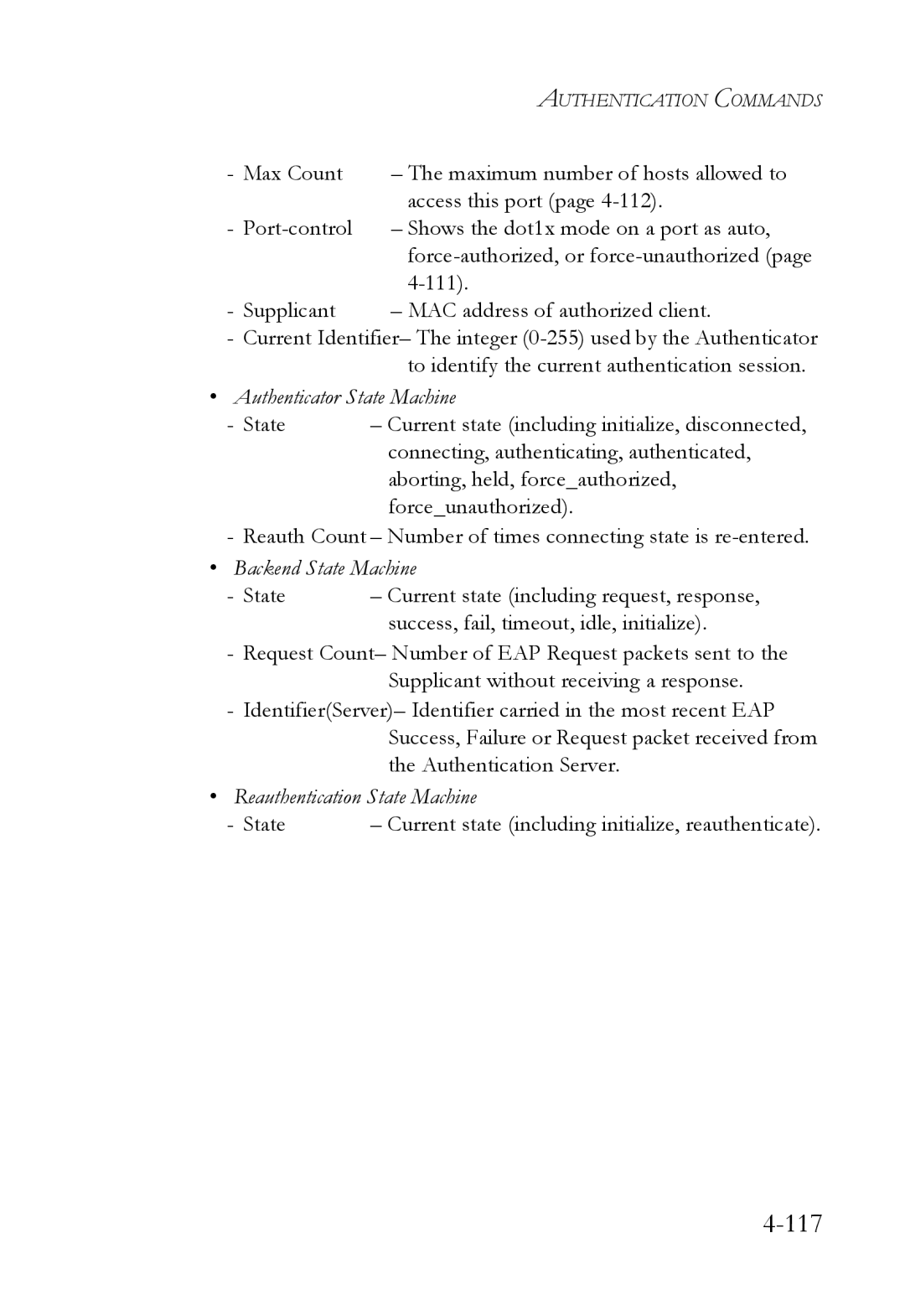 SMC Networks TigerSwitch manual Authenticator State Machine, State Current state including initialize, reauthenticate 