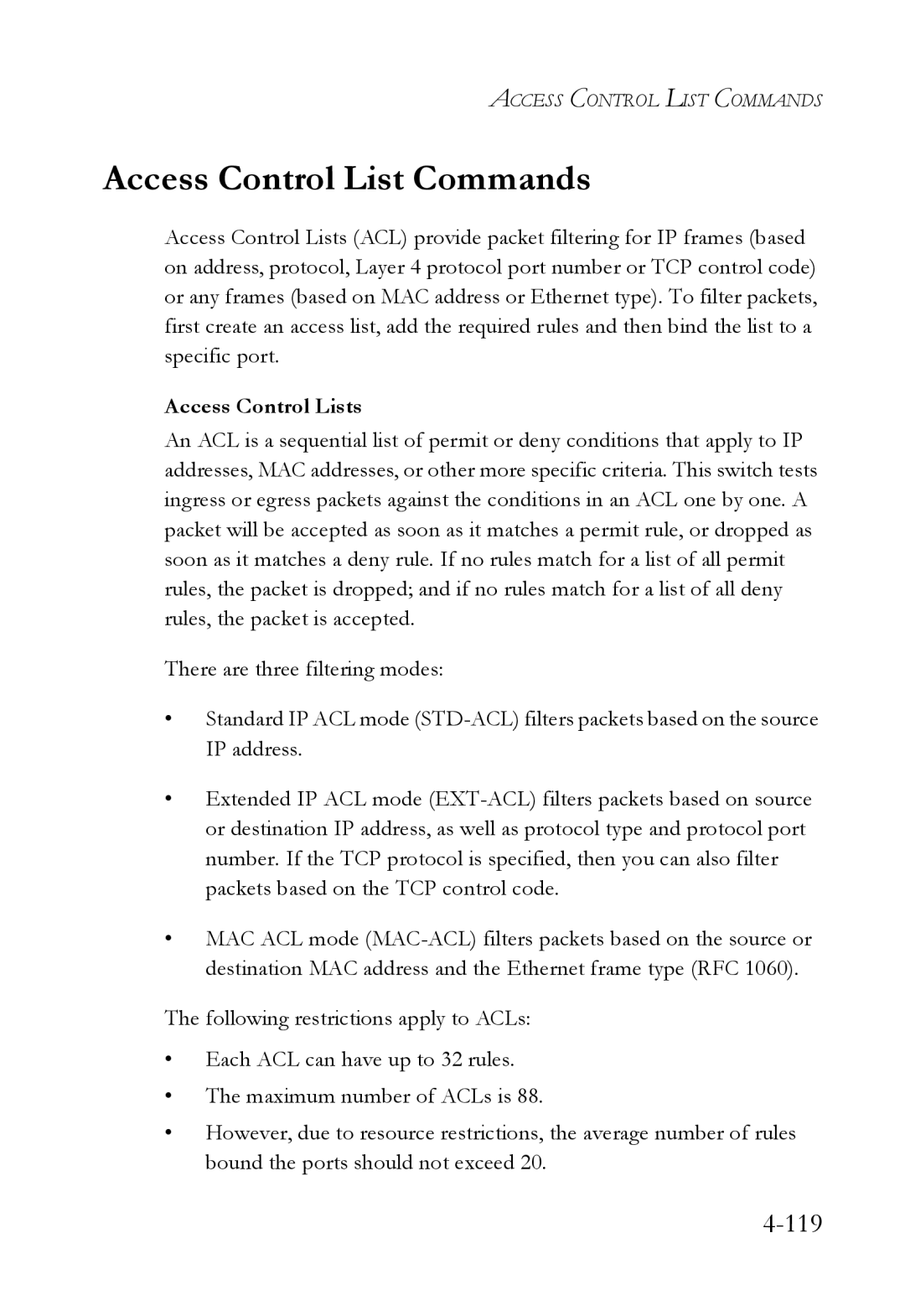 SMC Networks TigerSwitch manual Access Control List Commands, Access Control Lists 