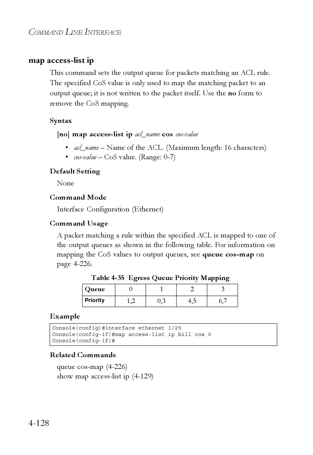 SMC Networks TigerSwitch manual Map access-list ip, Syntax No map access-list ip aclname cos cos-value 