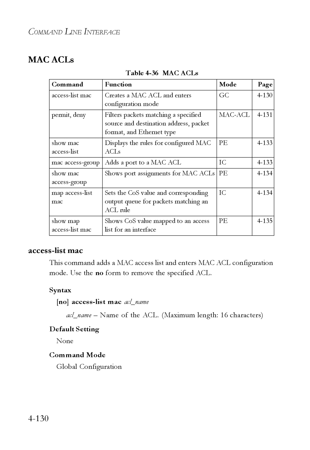 SMC Networks TigerSwitch manual MAC ACLs, Access-list mac, Syntax No access-list mac aclname 