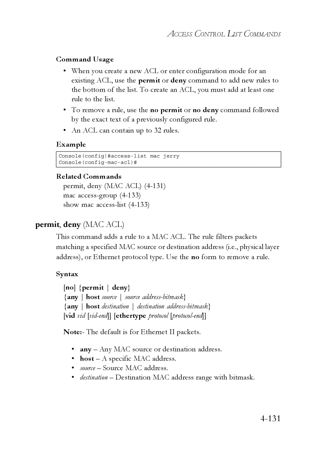 SMC Networks TigerSwitch manual Permit, deny MAC ACL, Syntax No permit deny 