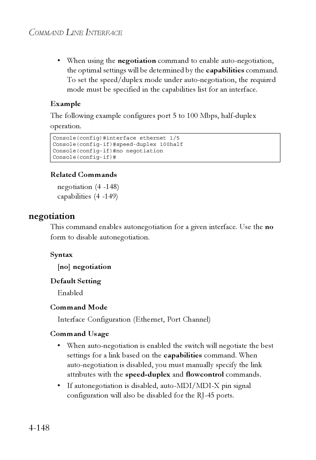 SMC Networks TigerSwitch manual Negotiation 4 -148 capabilities 4, Syntax No negotiation Default Setting 