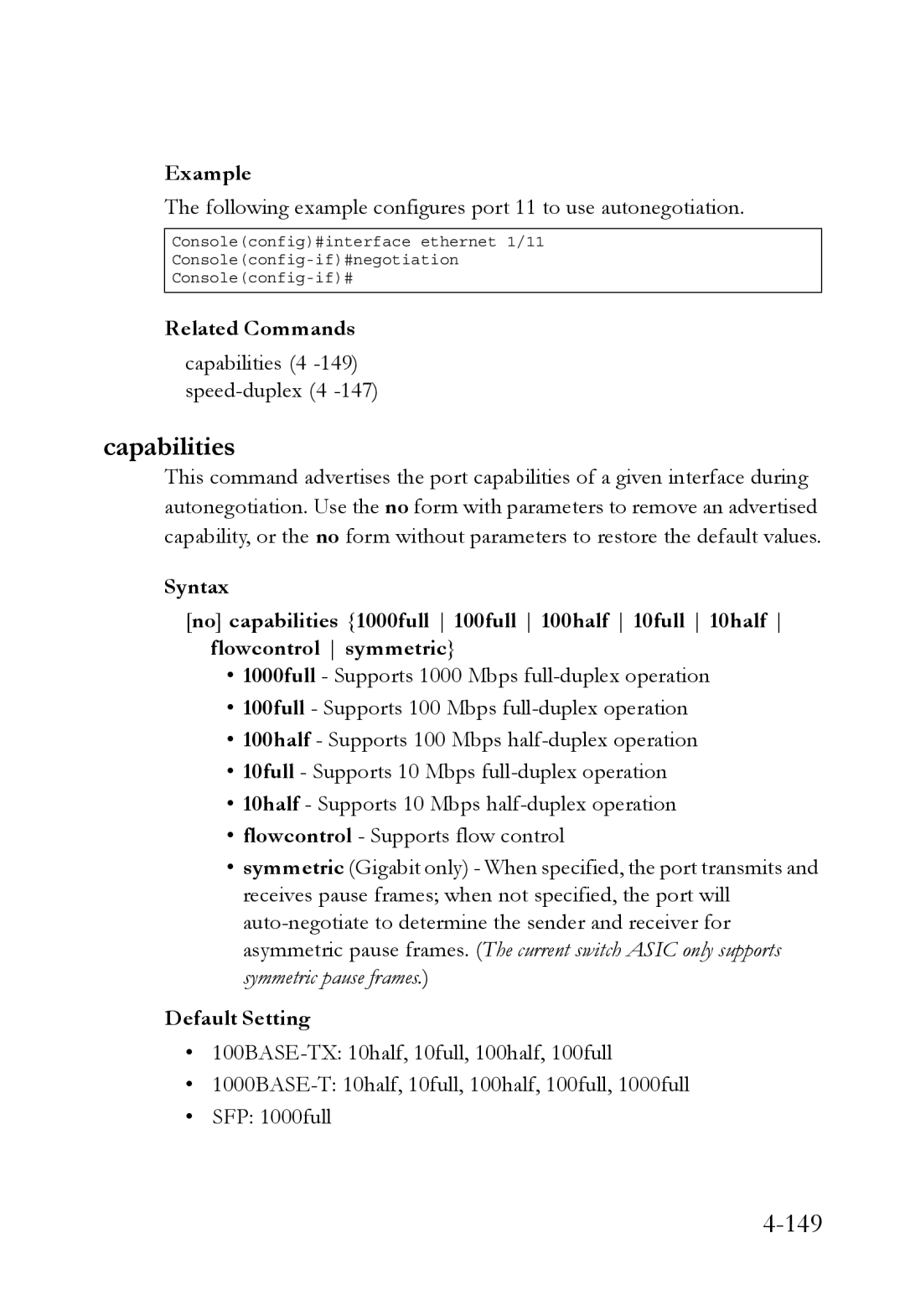 SMC Networks TigerSwitch manual Capabilities, Following example configures port 11 to use autonegotiation 