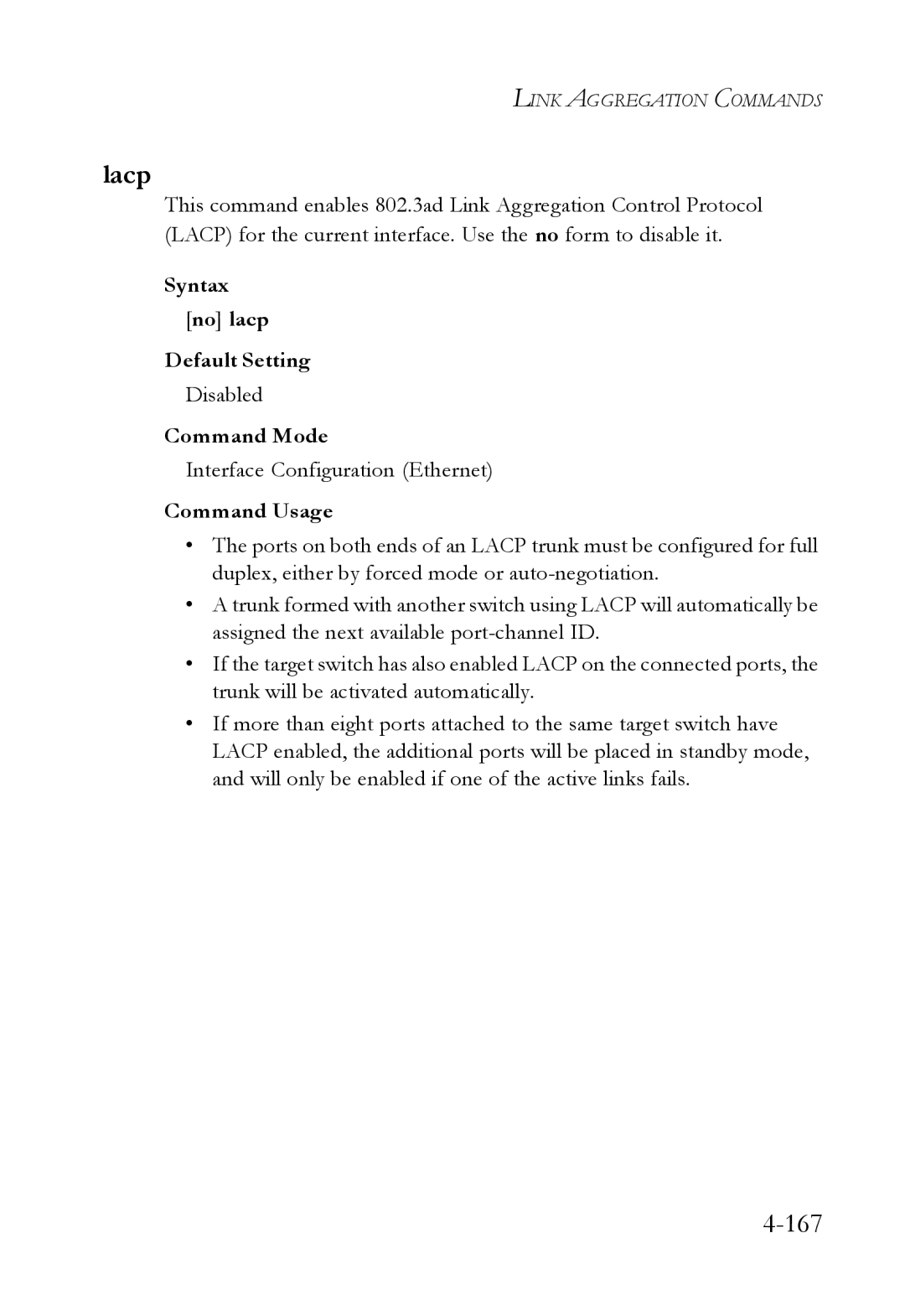 SMC Networks TigerSwitch manual Lacp, Syntax no lacp Default Setting 