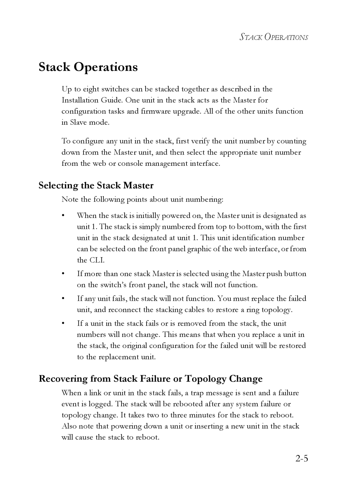 SMC Networks TigerSwitch Stack Operations, Selecting the Stack Master, Recovering from Stack Failure or Topology Change 