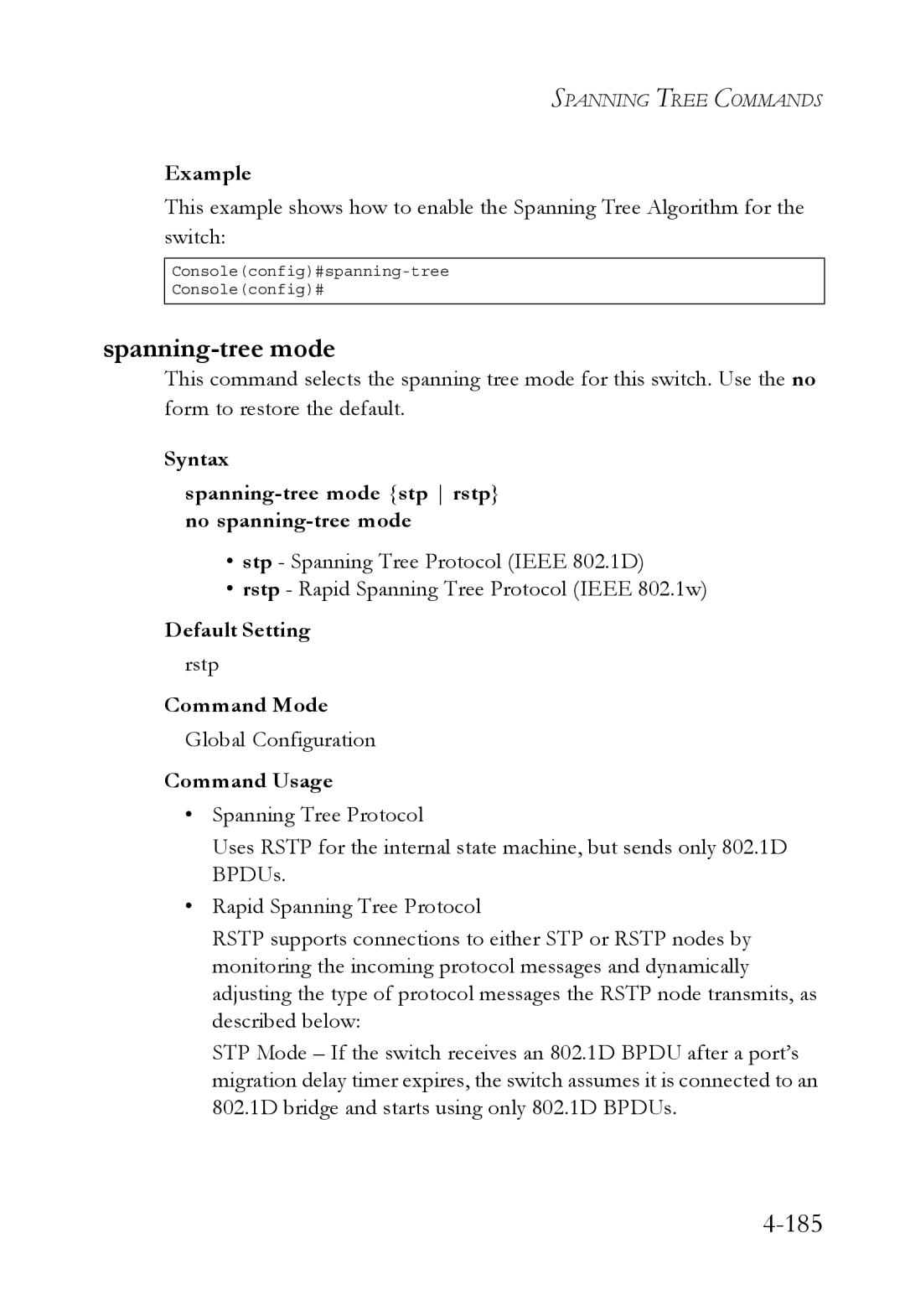 SMC Networks TigerSwitch manual Syntax Spanning-tree mode stp rstp no spanning-tree mode, Rstp 