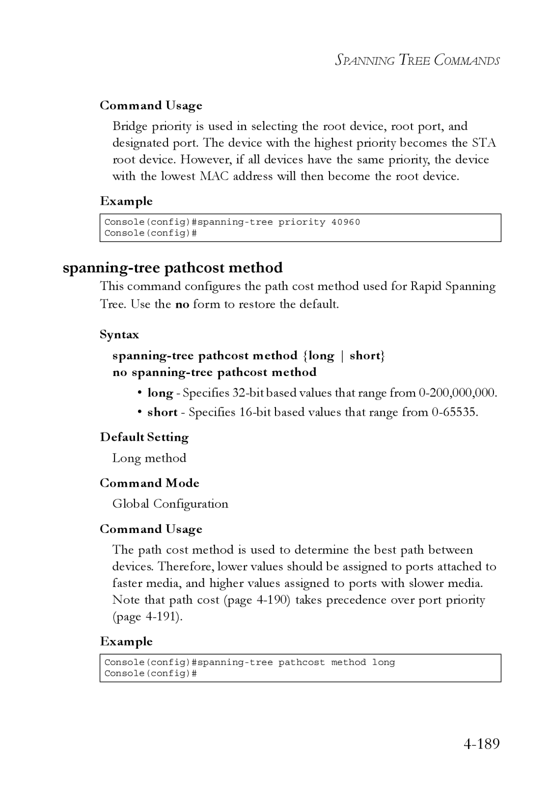 SMC Networks TigerSwitch manual Spanning-tree pathcost method, Long method 