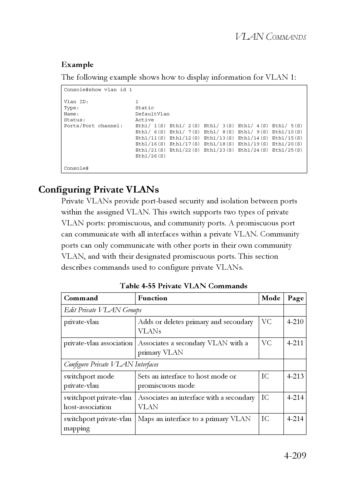 SMC Networks TigerSwitch manual Configuring Private VLANs, 209, Following example shows how to display information for Vlan 