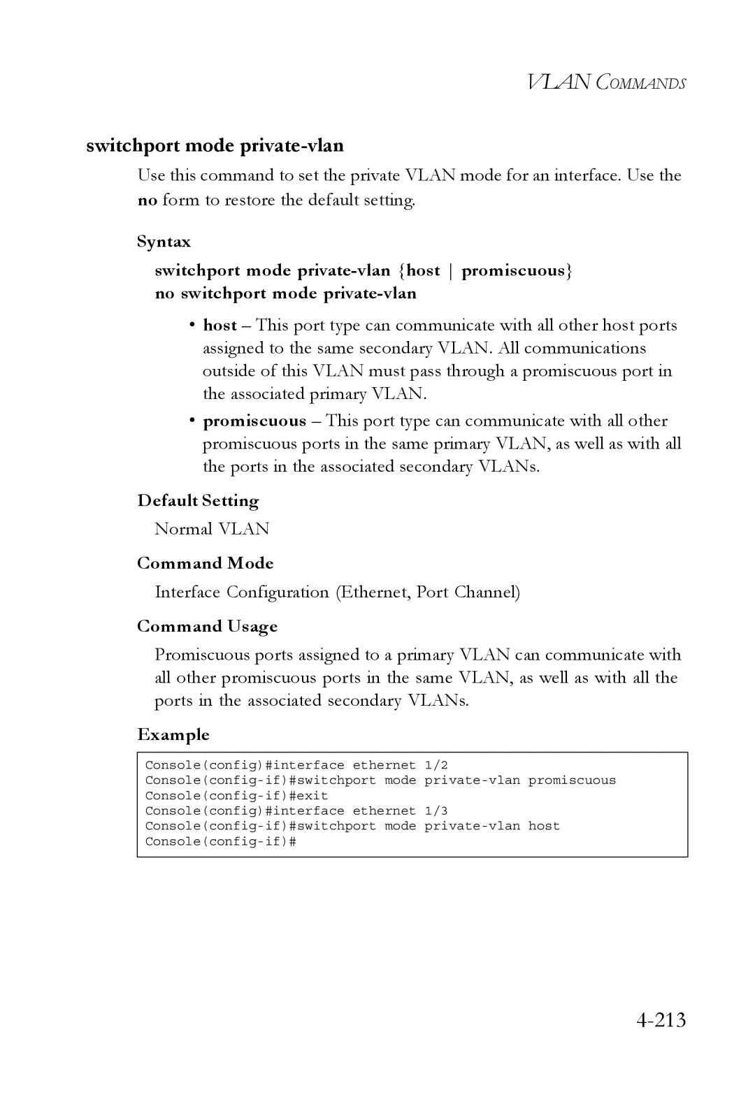 SMC Networks TigerSwitch manual 213, Switchport mode private-vlan, Normal Vlan 