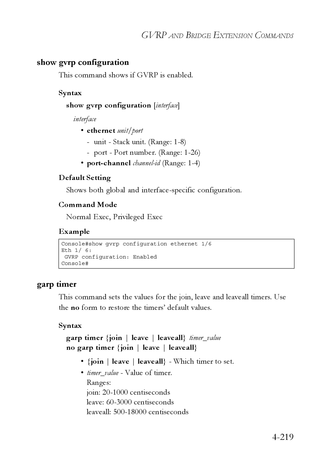 SMC Networks TigerSwitch manual 219, Garp timer, Syntax Show gvrp configuration interface 