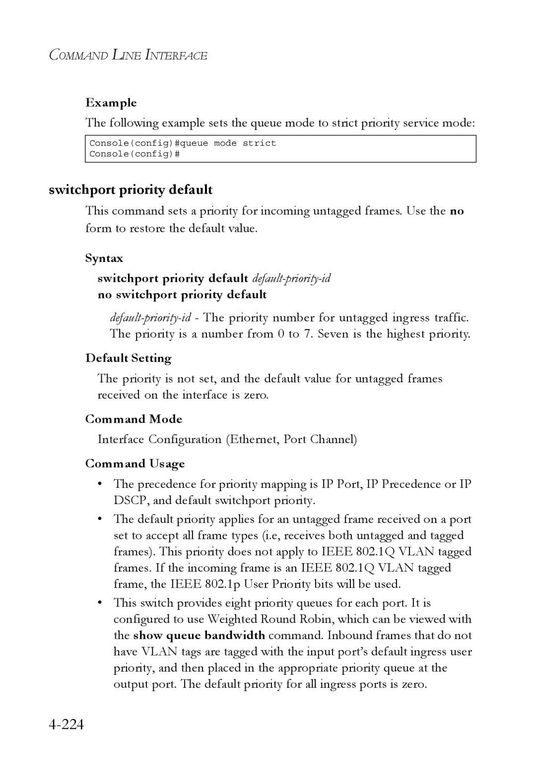 SMC Networks TigerSwitch manual 224, Switchport priority default 