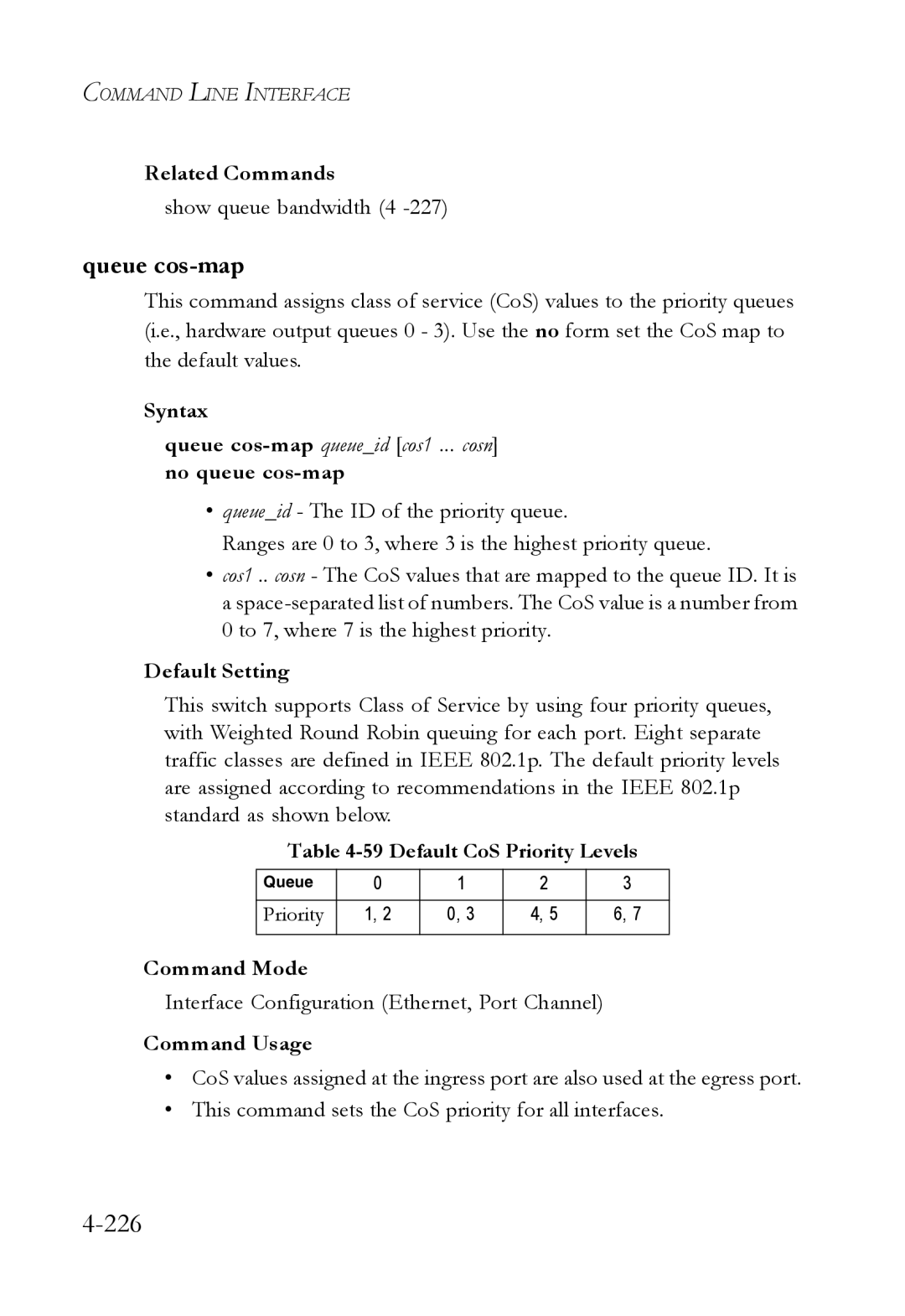 SMC Networks TigerSwitch manual 226, Queue cos-map, Show queue bandwidth 4, Default CoS Priority Levels 