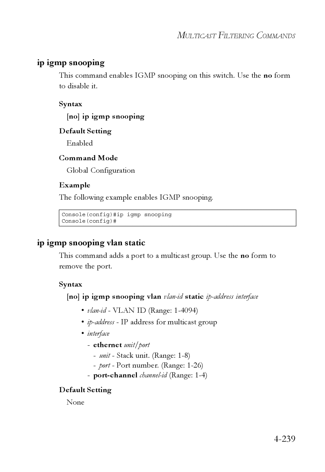 SMC Networks TigerSwitch manual 239, Ip igmp snooping vlan static, Syntax No ip igmp snooping Default Setting 