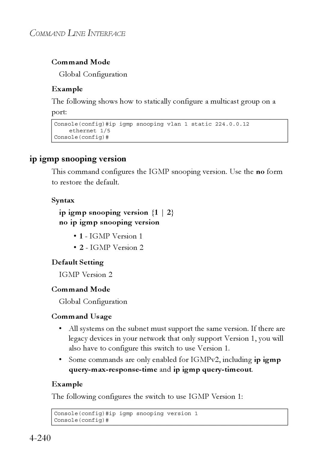 SMC Networks TigerSwitch manual 240, Ip igmp snooping version, Following configures the switch to use Igmp Version 