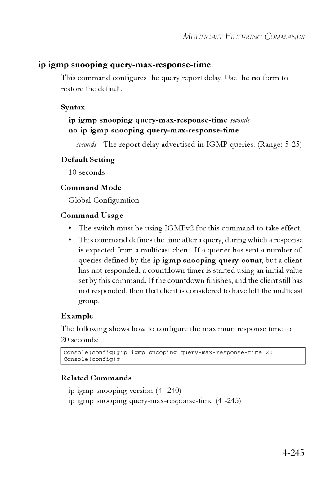 SMC Networks TigerSwitch manual 245, Ip igmp snooping query-max-response-time 