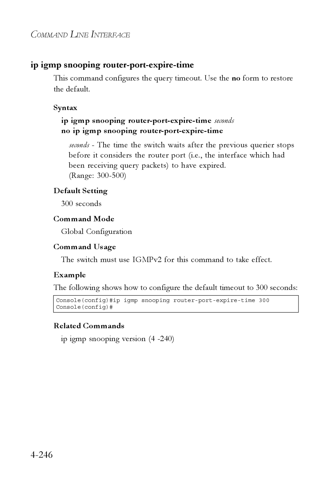 SMC Networks TigerSwitch manual 246, Ip igmp snooping router-port-expire-time, Ip igmp snooping version 4 