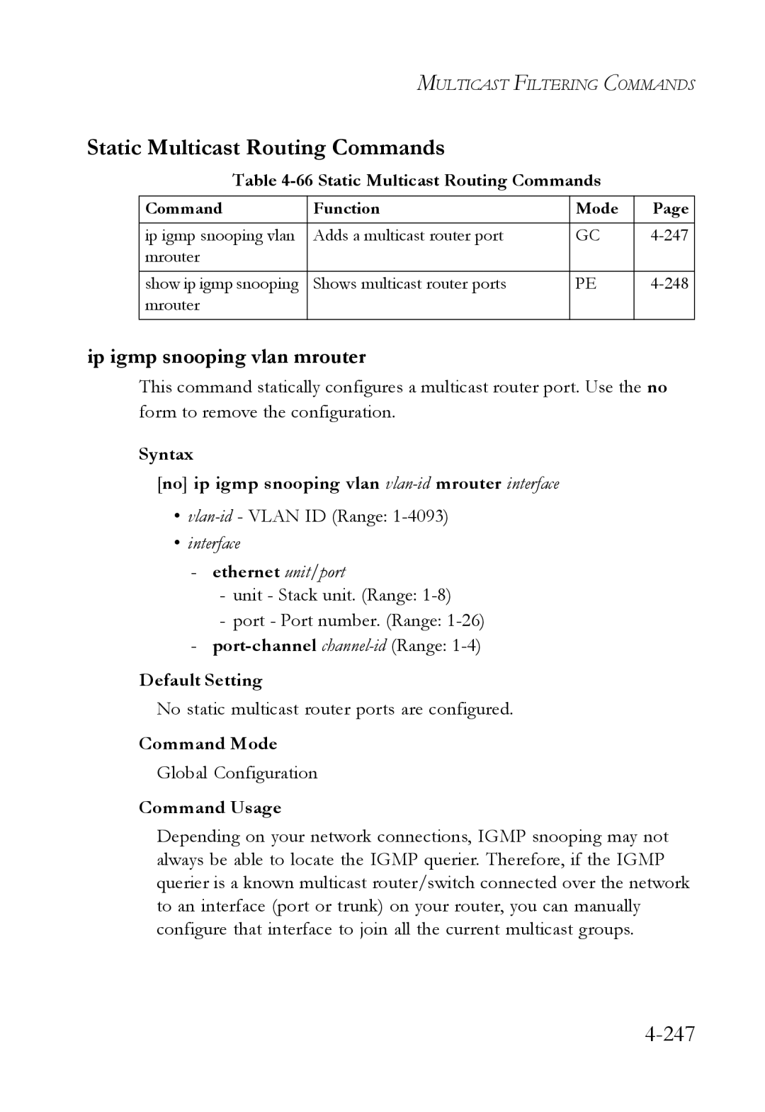 SMC Networks TigerSwitch manual Static Multicast Routing Commands, 247, Ip igmp snooping vlan mrouter 