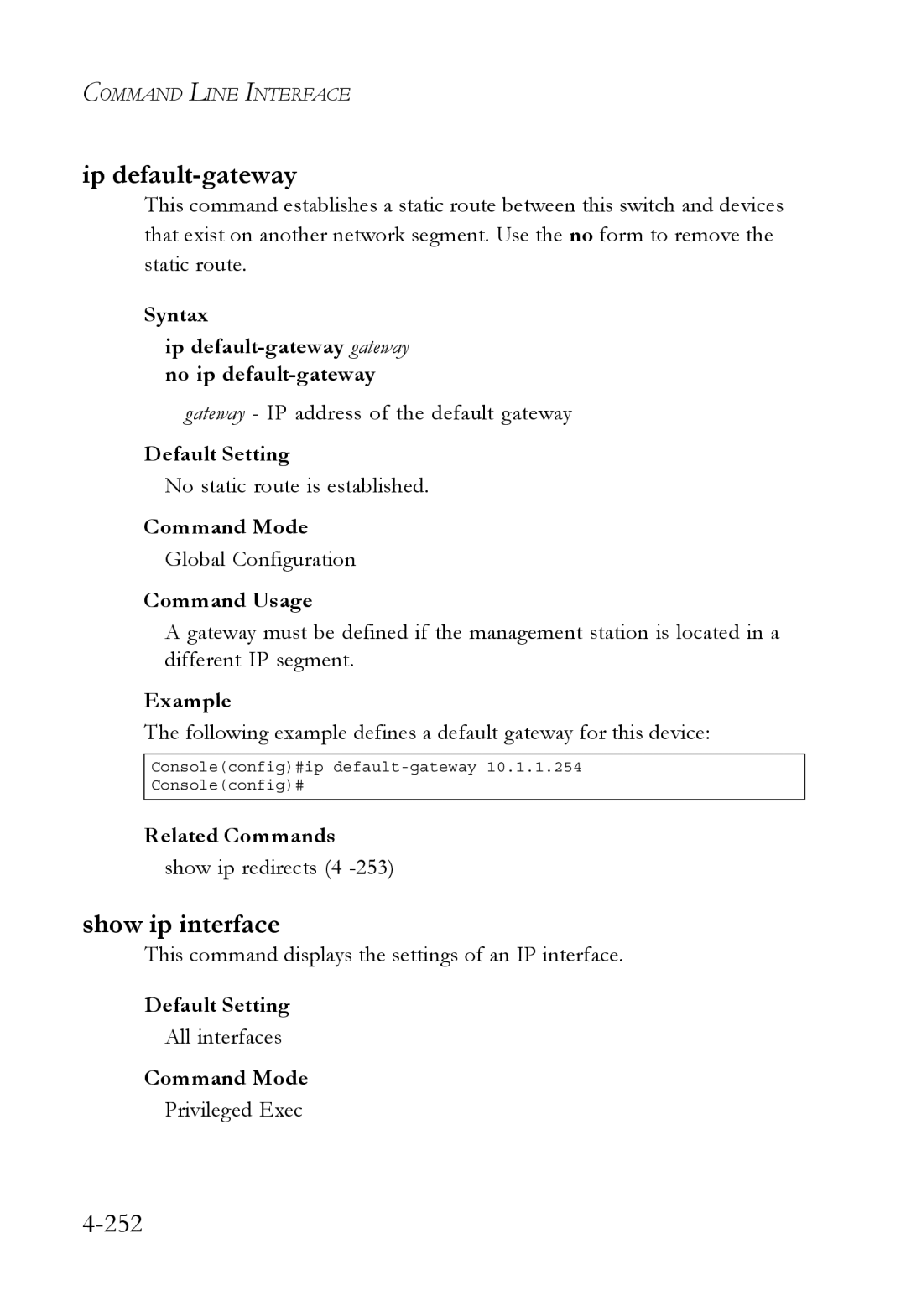 SMC Networks TigerSwitch manual Ip default-gateway, Show ip interface, 252 