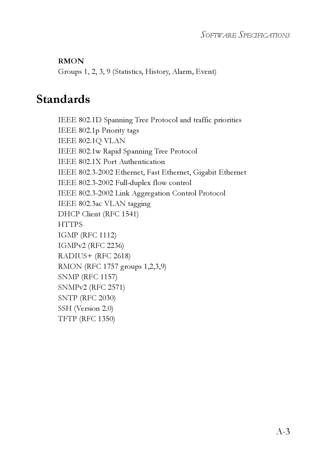 SMC Networks TigerSwitch manual Standards, Groups 1, 2, 3, 9 Statistics, History, Alarm, Event 