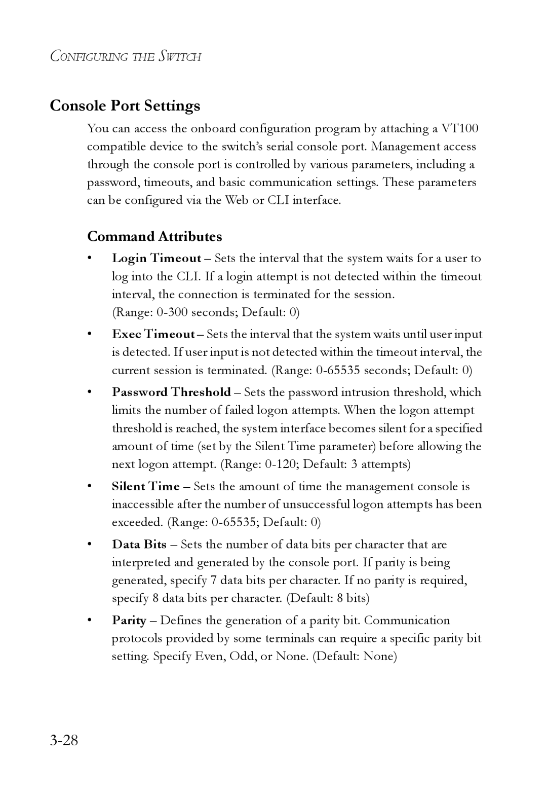 SMC Networks TigerSwitch manual Console Port Settings, Command Attributes 