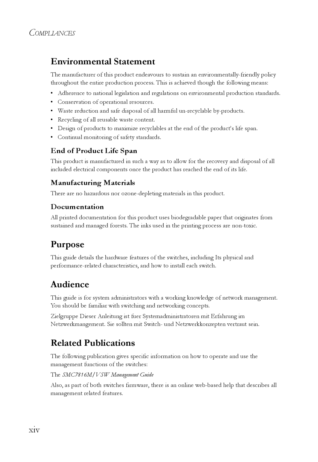 SMC Networks VDSL2 manual Environmental Statement, Purpose, Audience, Related Publications, Xiv 