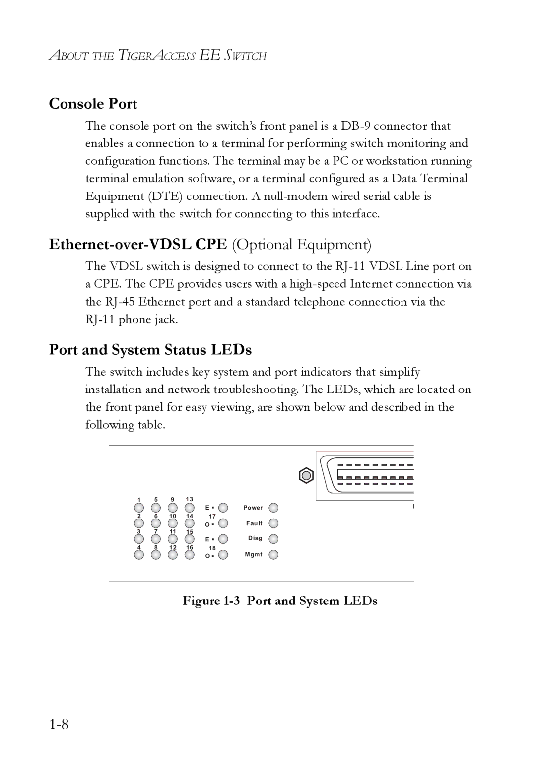 SMC Networks VDSL2 manual Console Port, Ethernet-over-VDSL CPE Optional Equipment, Port and System Status LEDs 