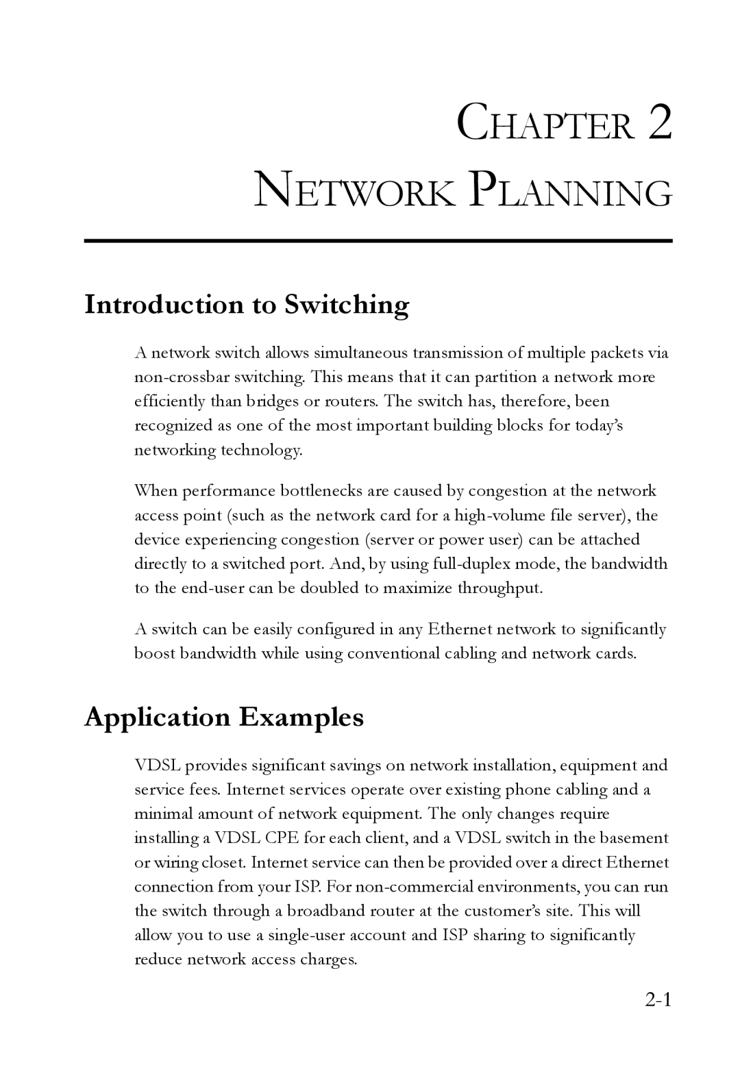 SMC Networks VDSL2 manual Chapter Network Planning, Introduction to Switching, Application Examples 