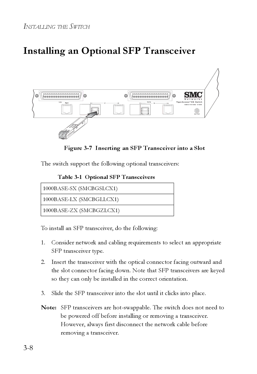 SMC Networks VDSL2 manual Installing an Optional SFP Transceiver, Inserting an SFP Transceiver into a Slot 