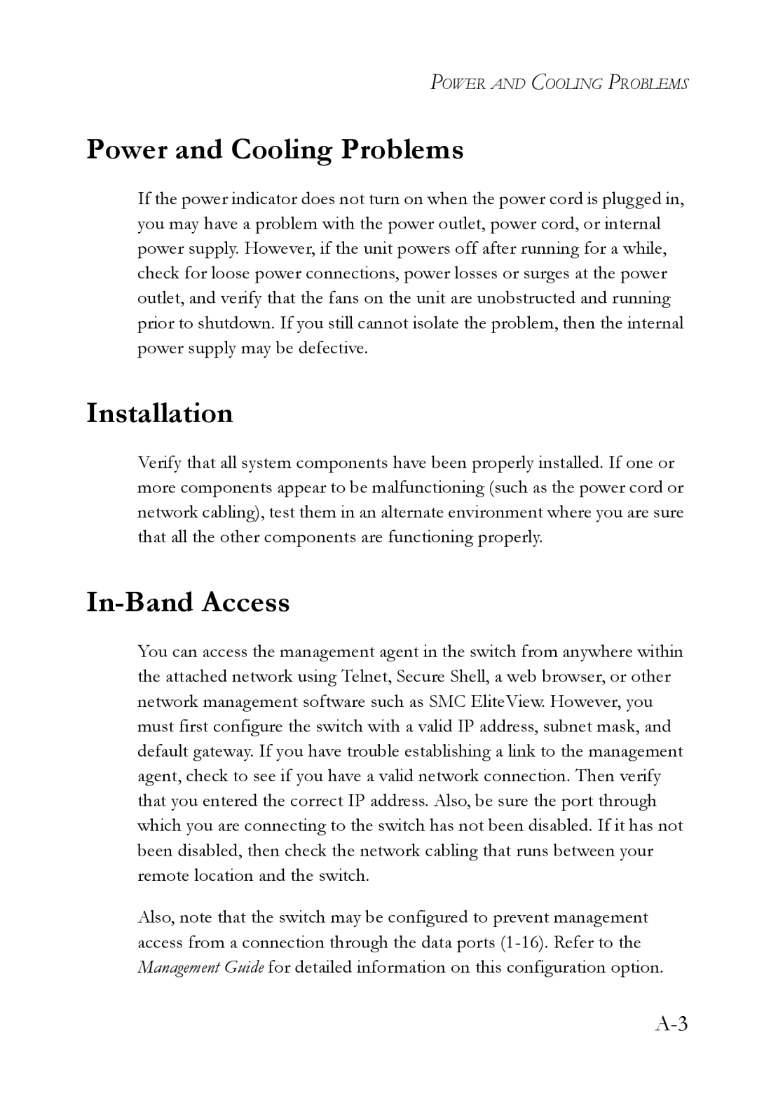 SMC Networks VDSL2 manual Power and Cooling Problems, Installation, In-Band Access 